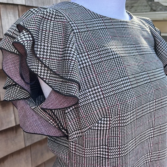 Tommy Hilfiger Glen Plaid Flutter Sleeve Sheath Dress. Black & White w/Burgundy - Picture 5 of 8